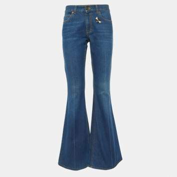 Pre Owned Gucci Blue Denim Butterfly & Bee Embroidered Flared Jeans M/Waist 32"