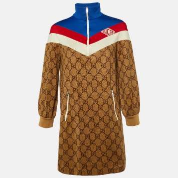 Pre Owned Gucci Brown GG Print Technical Jersey Mini Dress S