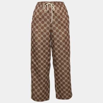 Pre Owned Gucci Khaki Green Logo Print Jersey Button Detail Trackpants L