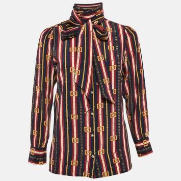 Pre Owned Gucci Multicolor Printed Silk Tie-Up Neck Button Front Blouse XS