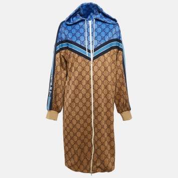Pre Owned Gucci Brown GG Supreme Print Jersey Zip-Up Pleated Mini Dress S
