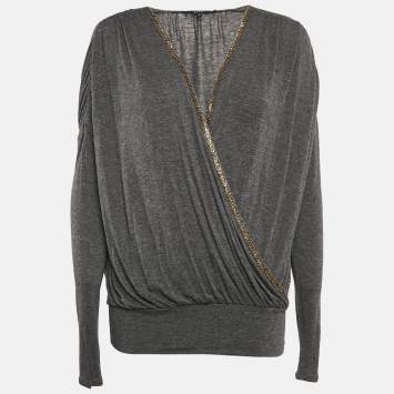 Pre Owned Gucci Dark Grey Jersey Sequin Detail Neck Full Sleeve Top L