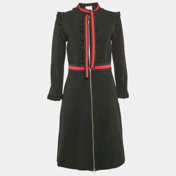 Pre Owned Gucci Black Jersey Web Stripe Detail Ruffled Short Dress XL