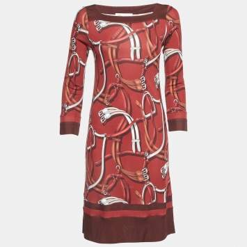 Pre Owned Gucci Equestrian Dark Red Printed Jersey Knee-Length Dress S