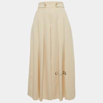 Pre Owned Gucci Cream Logo Print Gabardine Pleated Wool Culottes Trousers S