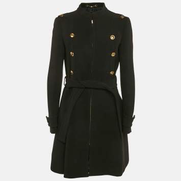 Pre Owned Gucci Black Crepe Zip-Up Button Detail Belted Mid-Length Coat M