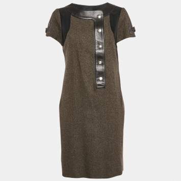 Pre Owned Gucci Black/Brown Wool Leather Trimmed Short Dress M