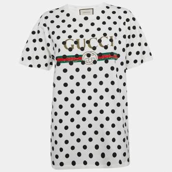 Pre Owned Gucci White Polka Dot Logo Print Cotton Crew Neck T-Shirt XS