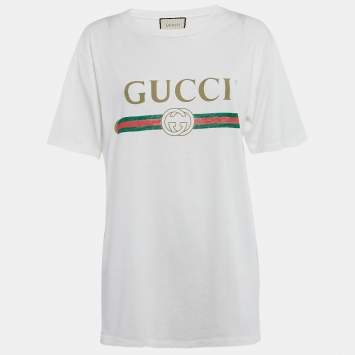 Pre Owned Gucci White Vintage Logo Print Cotton Distressed Oversize T-Shirt XS