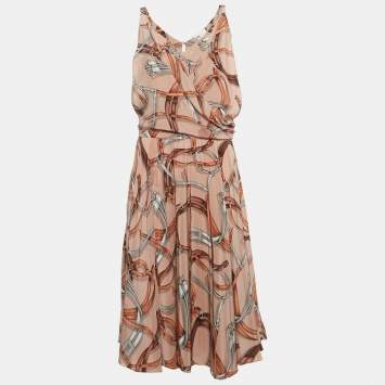 Pre Owned Gucci Equestrian Peach Belt Print Silk Midi Dress S