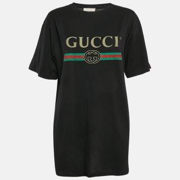 Pre Owned Gucci Black Vintage Logo Print Cotton Distressed Oversize T-Shirt L