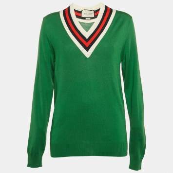Pre Owned Gucci Green Wool V-Neck Full Sleeve Sweater XS