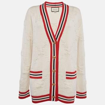 Pre Owned Gucci Cream Sylvie Web Knit Button Front Cardigan XS