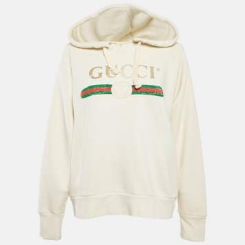Pre Owned Gucci Cream Dog Embroidery Cotton Hooded Sweatshirt S