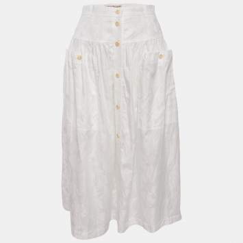 Pre Owned Gucci White Jacquard Cotton Gathered Midi Skirt M
