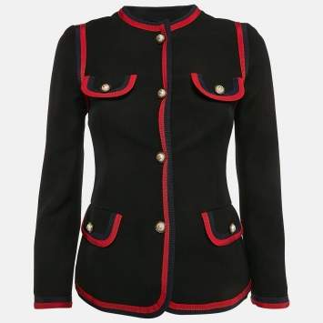 Pre Owned Gucci Black Silk Blend Button Detail Contrast Trimmed Jacket XS