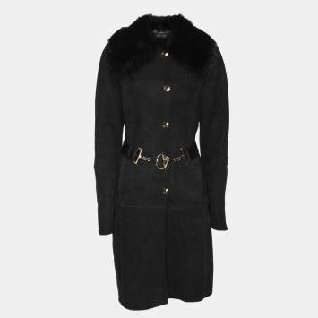 Gucci Black Suede and Fur Belted Mid-Length Coat M