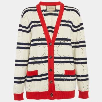 Pre Owned Gucci Cream GG Pointelle Knit Striped Button Front Cardigan XS