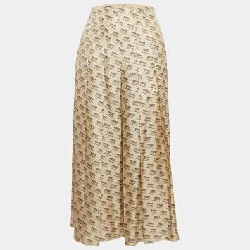 Pre Owned Gucci Beige Invite Stamp Print Silk Pleated Midi Skirt M