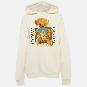 Pre Owned Gucci Cream Teddy Embroidered Cotton Knit Hoodie S