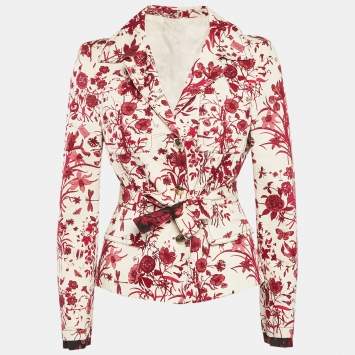 Pre Owned Gucci Pink/White Floral Print Cotton Long Sleeve Blazer M
