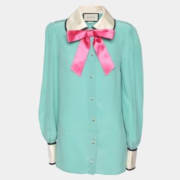 Pre Owned Gucci Jade Green Silk Bow Detail Long Sleeve Blouse M