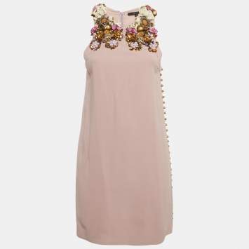 Pre Owned Gucci Mauve Embellished Neck Silk Mini Dress S