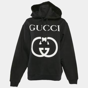 Gucci Black Logo Print Cotton Knit Hoodie M