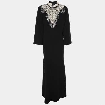 Pre Owned Gucci Black Jersey Lace Detail Crystal Embellished Long Dress XL