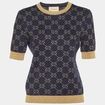 Pre Owned Gucci Dark Blue GG Cotton Lamé Crew Neck Jumper M