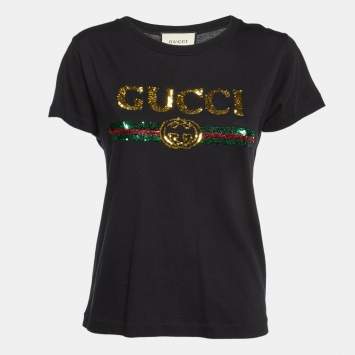 Pre Owned Gucci Black Sequin Embellished Cotton Crew Neck T-Shirt 
