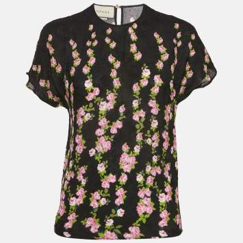Pre Owned Gucci Black Floral Print Jacquard Crepe Top M