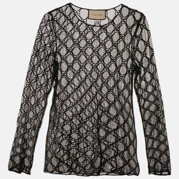 Pre Owned Gucci Black GG Embroidered Tulle Sheer Top XXS