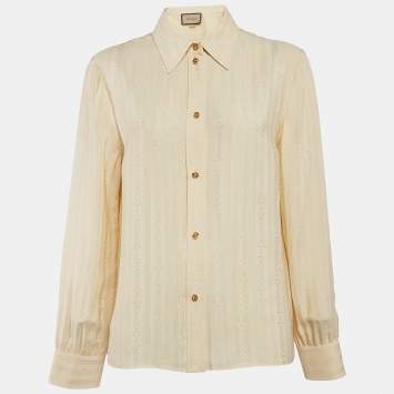 Pre Owned Gucci Cream Jacquard Silk Long Sleeve Shirt M