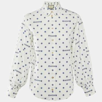 Pre Owned Gucci White Star Brocade Cotton Button Front Blouse S