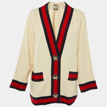 Pre Owned Gucci Off-White Tweed Web Stripe Button Detail Jacket L