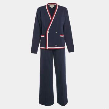Pre Owned Gucci Navy Blue Wool Blend Knit Stripe Detail Cardigan and Pants Set M/S