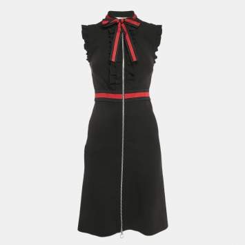 Pre Owned Gucci Black Jersey Ruffled Wed Tape Trim Detail Mini Dress S