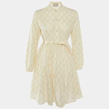Pre Owned Gucci Cream Logo Hakoba Detail Cotton Dress S