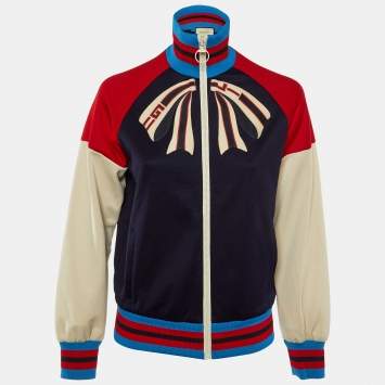 Pre Owned Gucci Navy Blue Jersey Bow Detail Bomber Jacket S