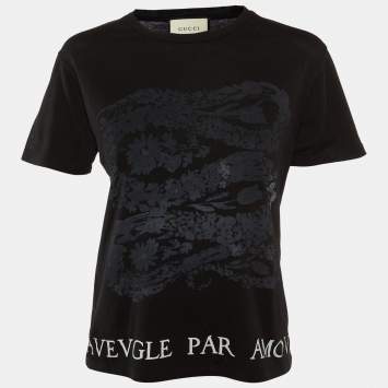 Pre Owned Gucci Black Printed Cotton Knit T-Shirt XS