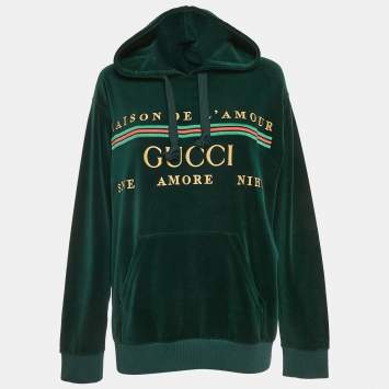 Pre Owned Gucci Black Logo Embroidered Velvet Hoodie M