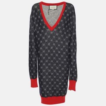 Pre Owned Gucci Bicolor Logo Patterned Knit Contrast Trim Sweater Dress S