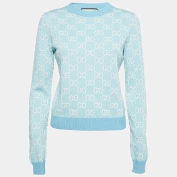 Pre Owned Gucci Blue GG Monogram Jacquard Knit Long Sleeve Sweater S
