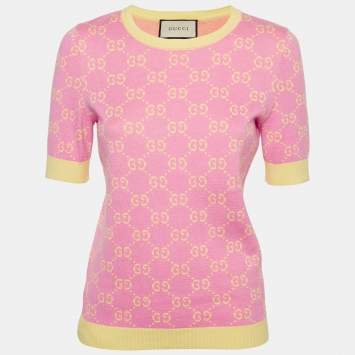Pre Owned Gucci Pink Monogram Jacquard Knit Short Sleeve Sweater M
