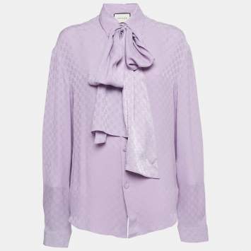 Pre Owned Gucci Purple Monogram Jacquard Silk Neck Tie-Up Shirt L