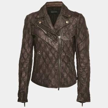 Pre Owned Gucci Brown GG Embossed Leather Quilted Jacket M