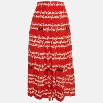 Gucci Red Letters Print Silk Pleated Midi Skirt S