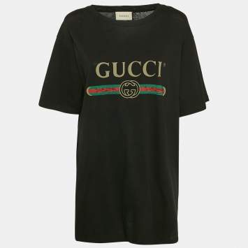 Pre Owned Gucci Black Vintage Print Jersey Distressed T-Shirt L