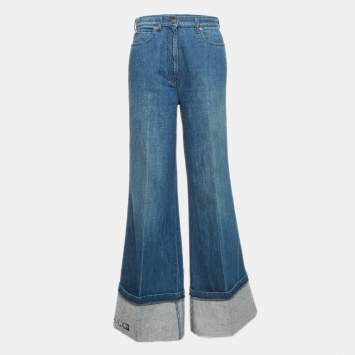 Pre Owned Gucci Blue Denim Wide Leg High Rise Jeans M Waist 27"